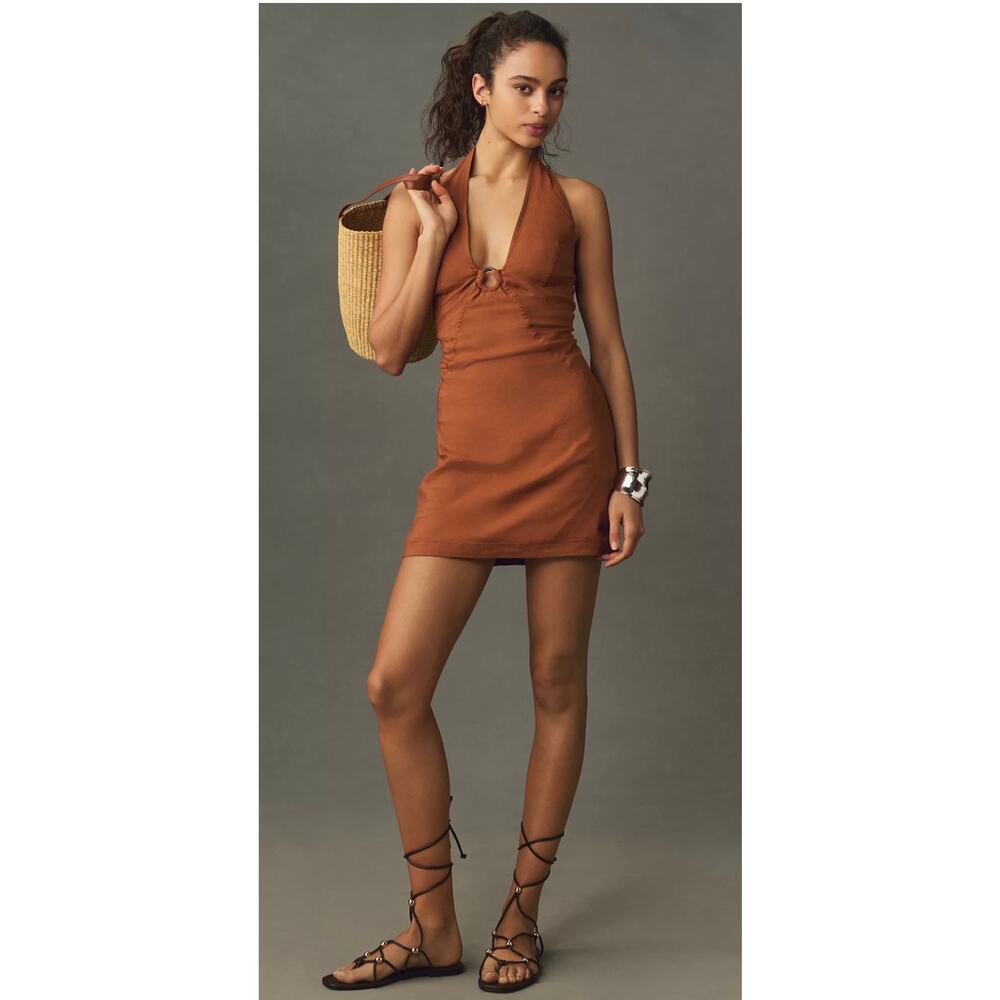 Anthropologie Maeve Halter Linen-Blend Mini Dress Brown Size 8 - Picture 2 of 11